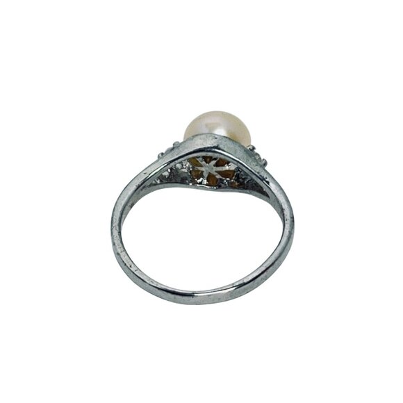 Silver Tone Clear Rhinestone & Faux Pearl Ring Size 6.25 (R451) - Picture 7 of 8